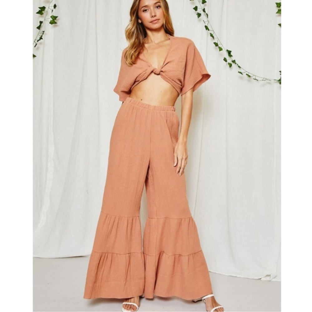 New Creamy Rust Lightweight Comfort Cotton Wide Leg Bell Bottom Pants - Picture 1 of 4